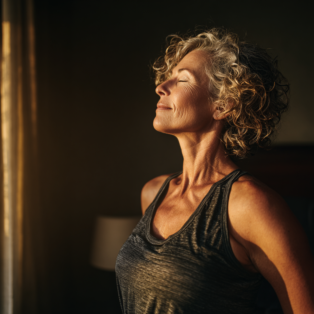 Middle-aged woman practicing gentle yoga stretches in natural morning light