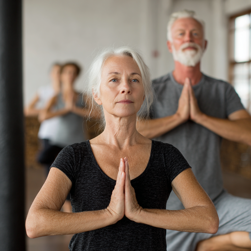 Older adults in peaceful yoga studio maintaining gentle balance poses